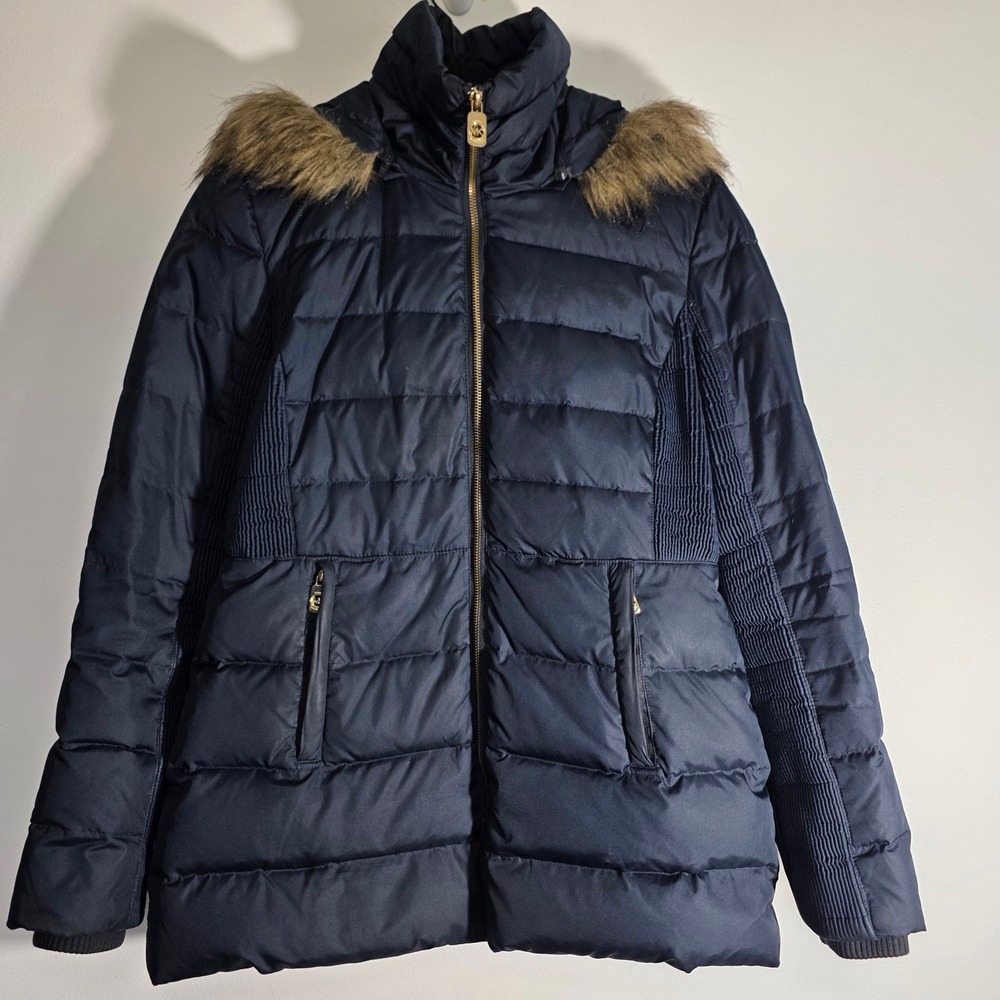 Michael Kors Navy Blue Down Puffer Jacket Faux Fur Hood Quilted Winter Coat S